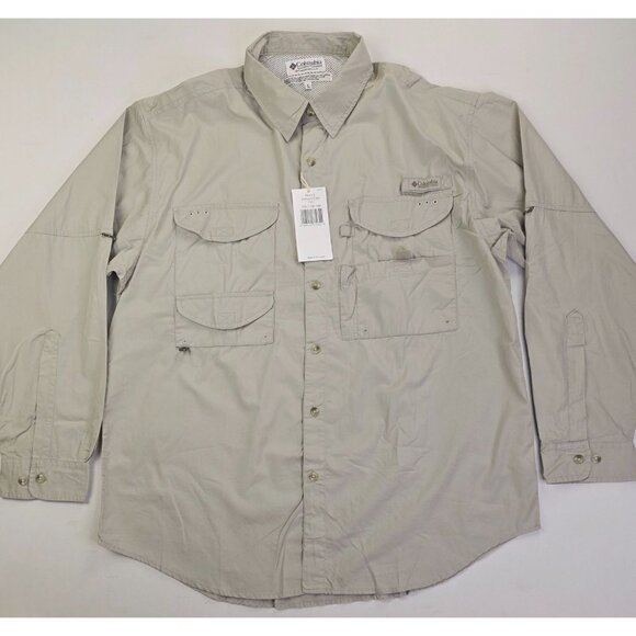 Columbia PFG Size Large Khaki Tan Bonehead Fossil L/S Back Vent Logo Shirt NWT - Picture 1 of 13